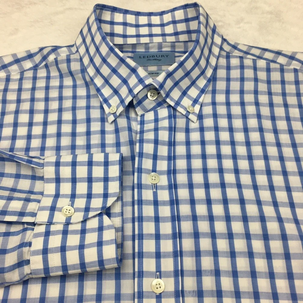 Ledbury Shirt Mens 17.5 Blue/White Checks Slim Fit Cotton/Linen Blend